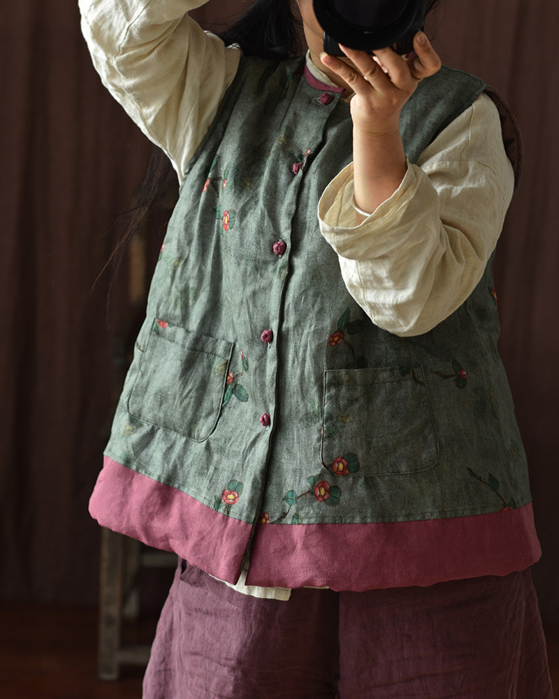 Gilet en lin patchwork à fleurs vintage