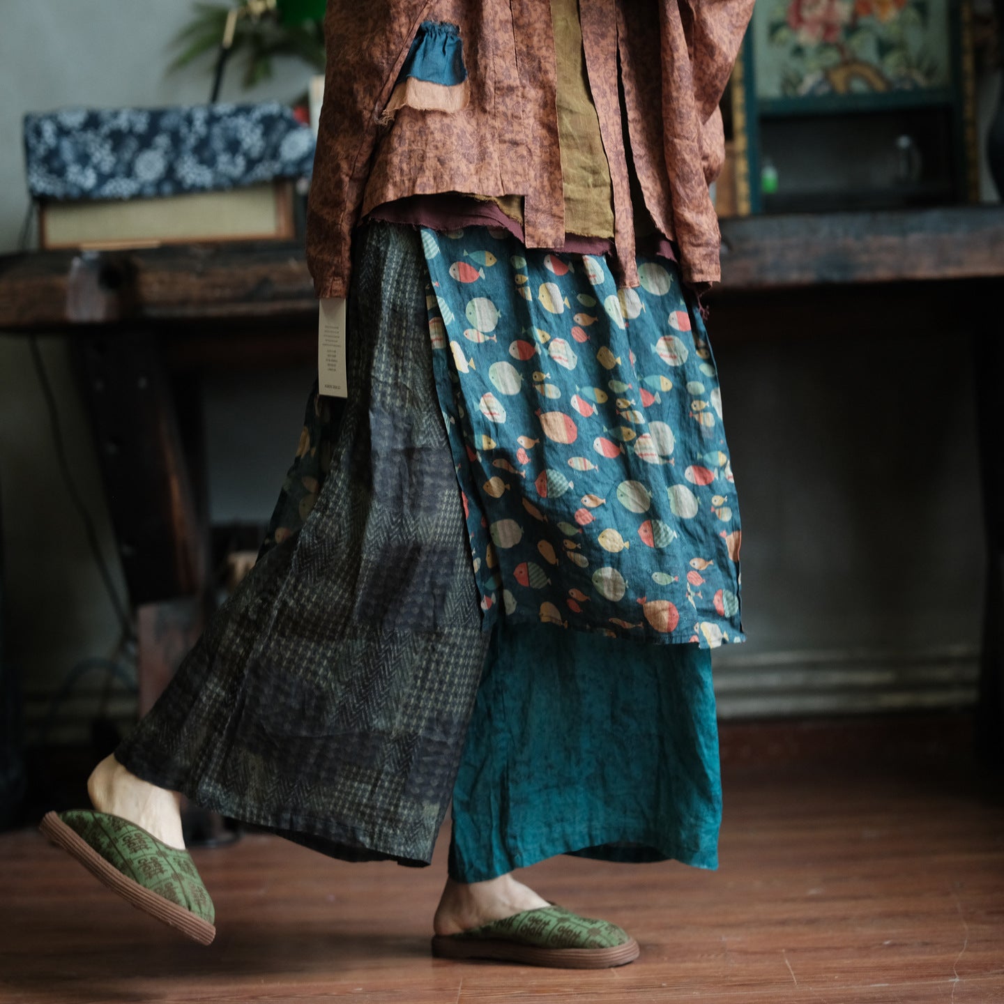 Vintage Fish Print Ramie Wide Leg Pants
