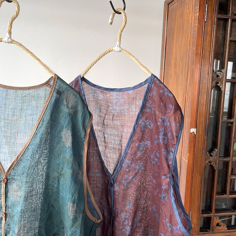 Gilet col en V en ramie florale