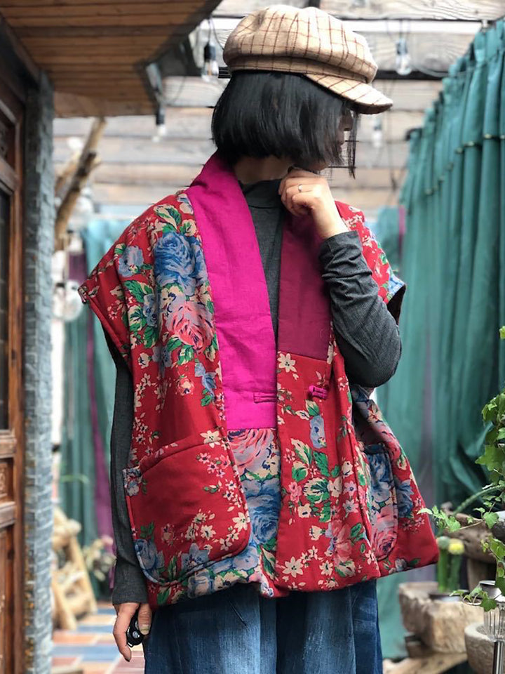 Gilet patchwork ethnique en lin – Style bohème vintage