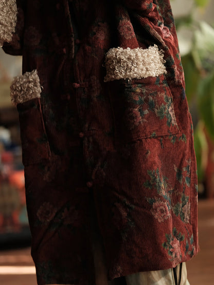 Floral Fleece Coat - Retro Style Winter Outerwear