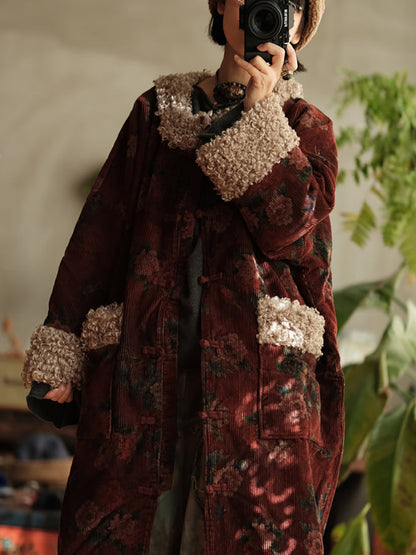 Floral Fleece Coat - Retro Style Winter Outerwear