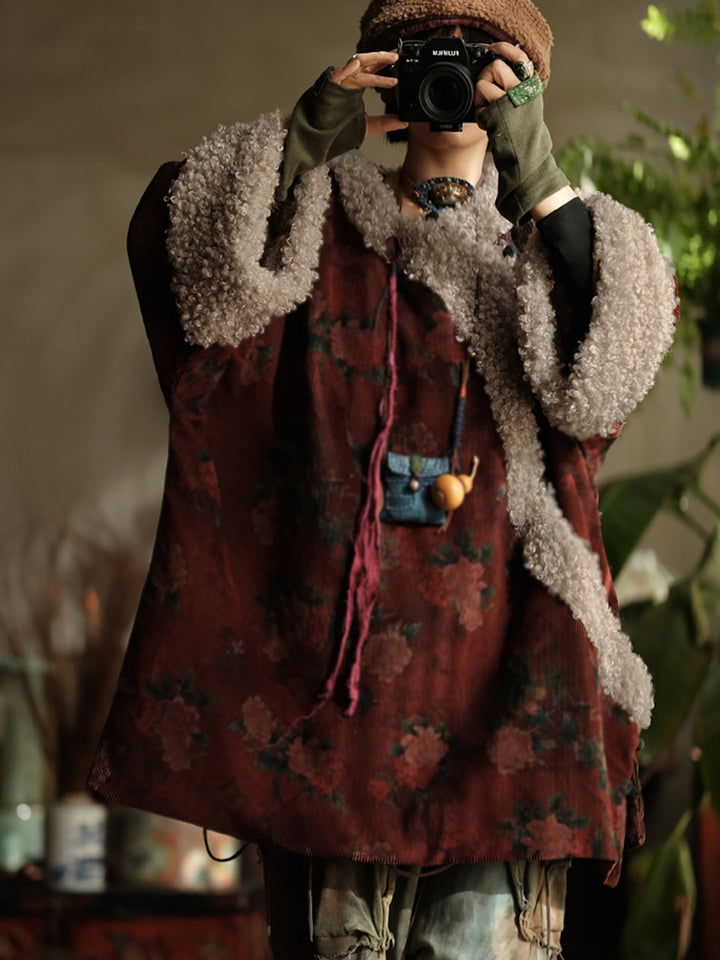 Abrigo Vintage de Algodón con Flores Rojas – Cuello Alto, Corte Holgado de Invierno