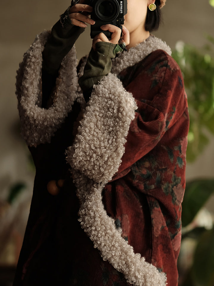 Abrigo Vintage de Algodón con Flores Rojas – Cuello Alto, Corte Holgado de Invierno