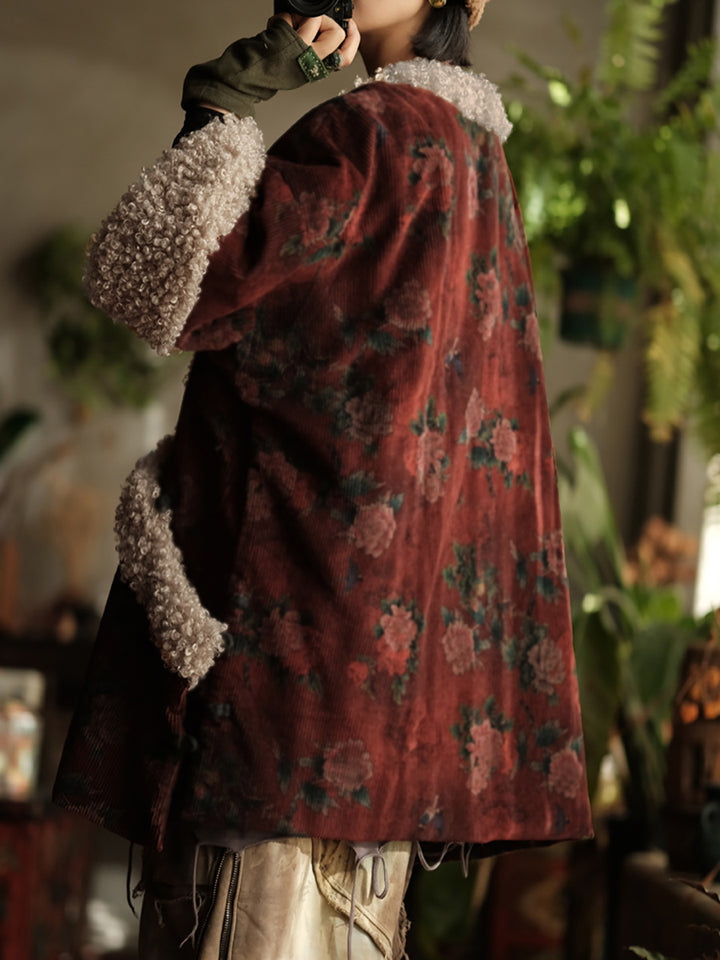 Abrigo Vintage de Algodón con Flores Rojas – Cuello Alto, Corte Holgado de Invierno