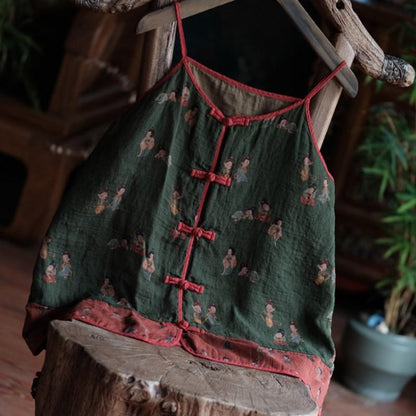 Vintage Tiny Figures Linen Camisol – Lightweight Boho Summer Top