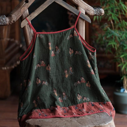 Vintage Tiny Figures Linen Camisol – Lightweight Boho Summer Top