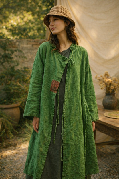 Long Linen Kimono Jacket - Rustic Flow Patchwork Style