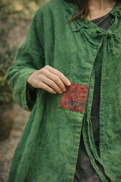 Long Linen Kimono Jacket - Rustic Flow Patchwork Style