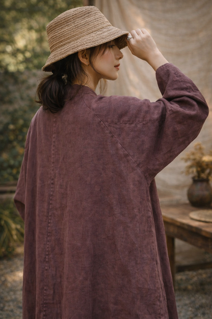 Long Linen Kimono Jacket - Rustic Flow Patchwork Style