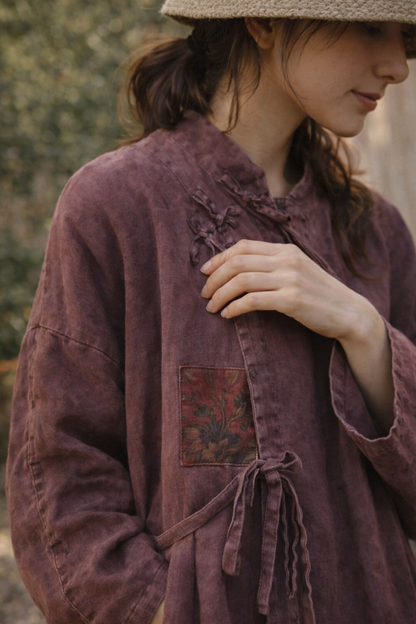Long Linen Kimono Jacket - Rustic Flow Patchwork Style