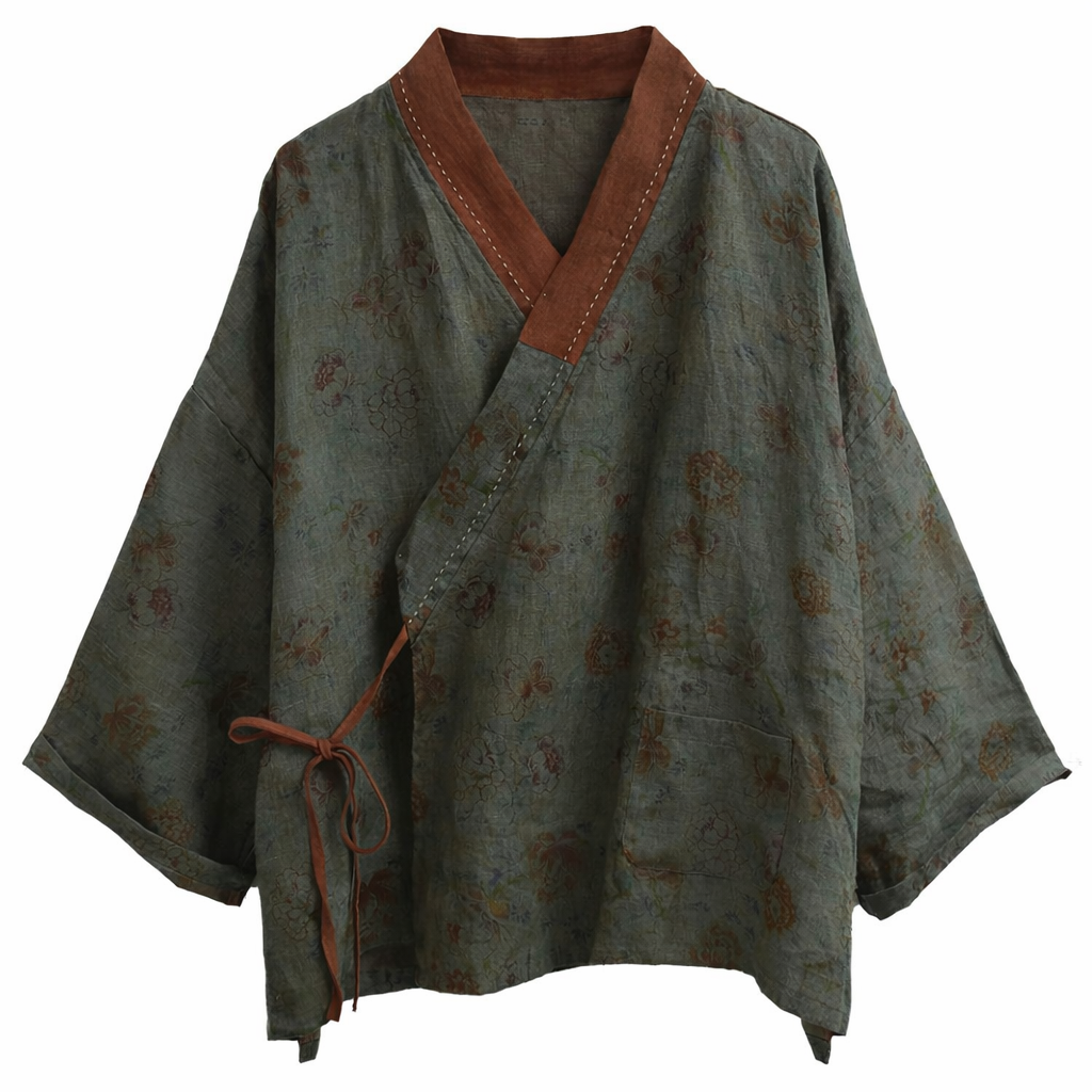 Vintage Bloom Linen Kimono Jacket – Patchwork Wrap Cardigan