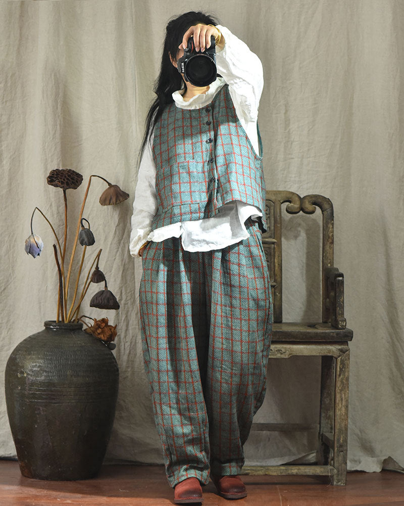 Pantalon en lin à carreaux vintage