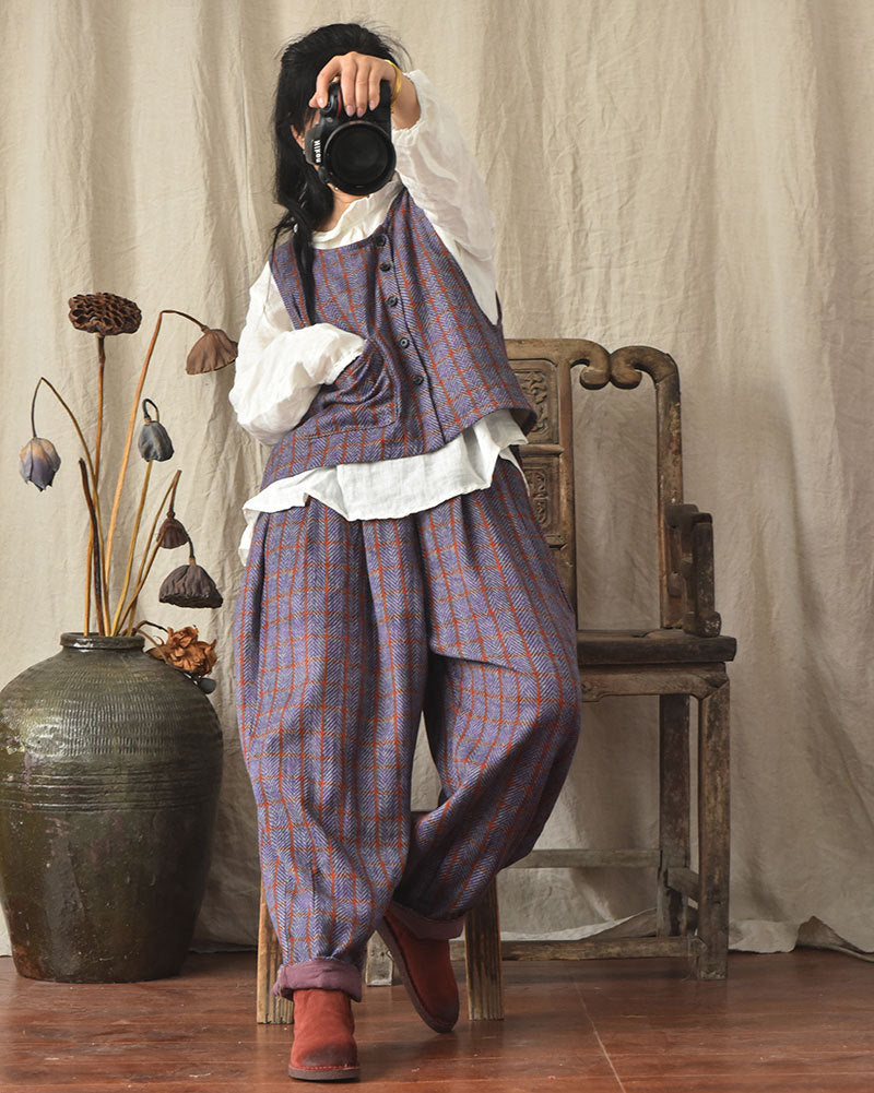 Pantalon en lin à carreaux vintage