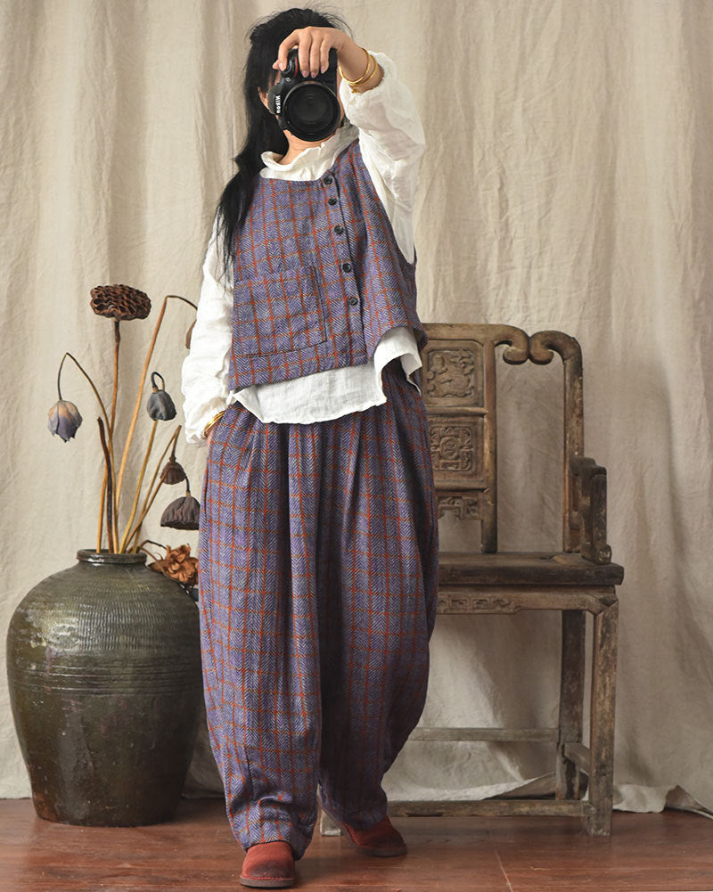 Pantalon en lin à carreaux vintage