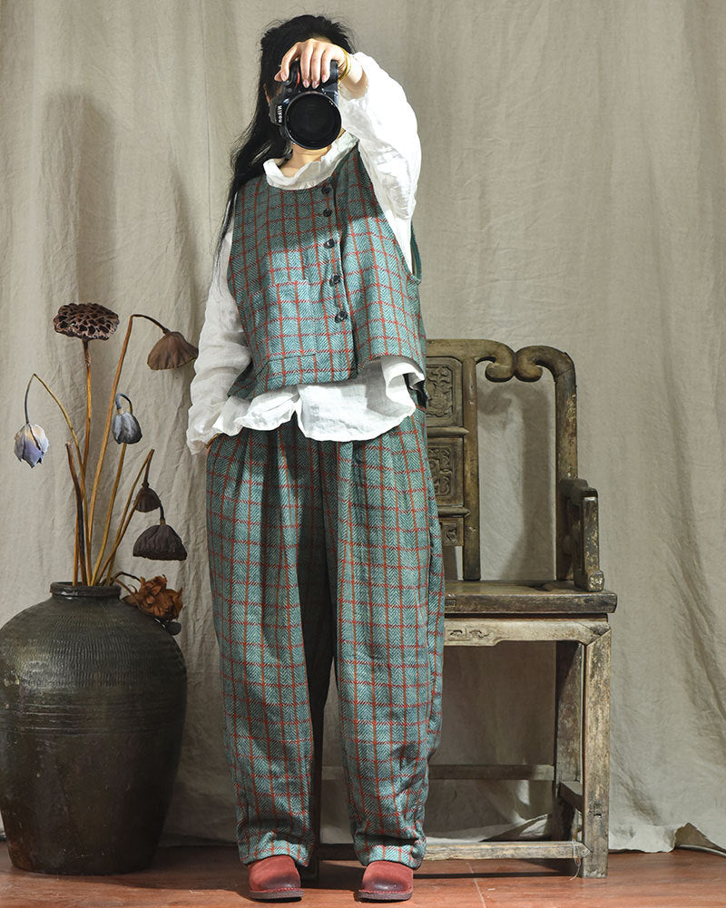 Pantalon en lin à carreaux vintage