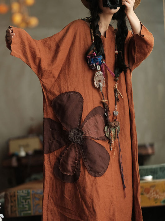 Vestido Bohemio de Lino con Flor Patchwork – Corte A-Line Vintage