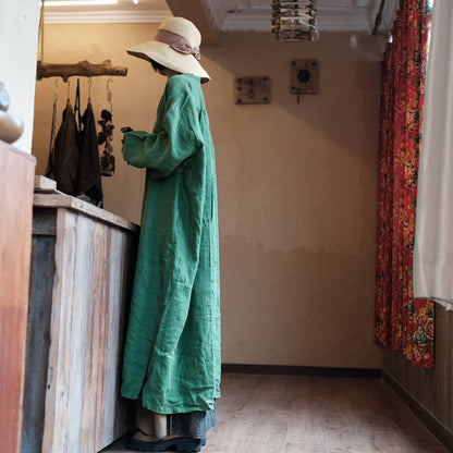 Natural Green Linen Dress - Relaxed Fit Raw Linen