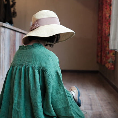 Natural Green Linen Dress - Relaxed Fit Raw Linen