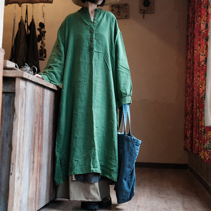 Natural Green Linen Dress - Relaxed Fit Raw Linen