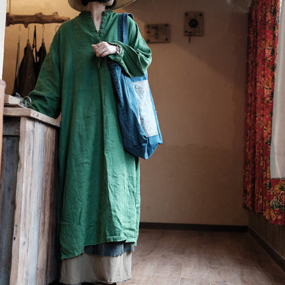 Natural Green Linen Dress - Relaxed Fit Raw Linen