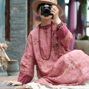 Flora Hanfu Linen Tunic Dress - Vintage Floral Boho