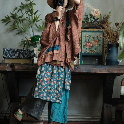 Vintage Fish Print Ramie Wide Leg Pants