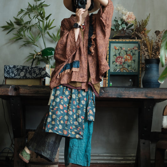 Vintage Fish Print Ramie Wide Leg Pants