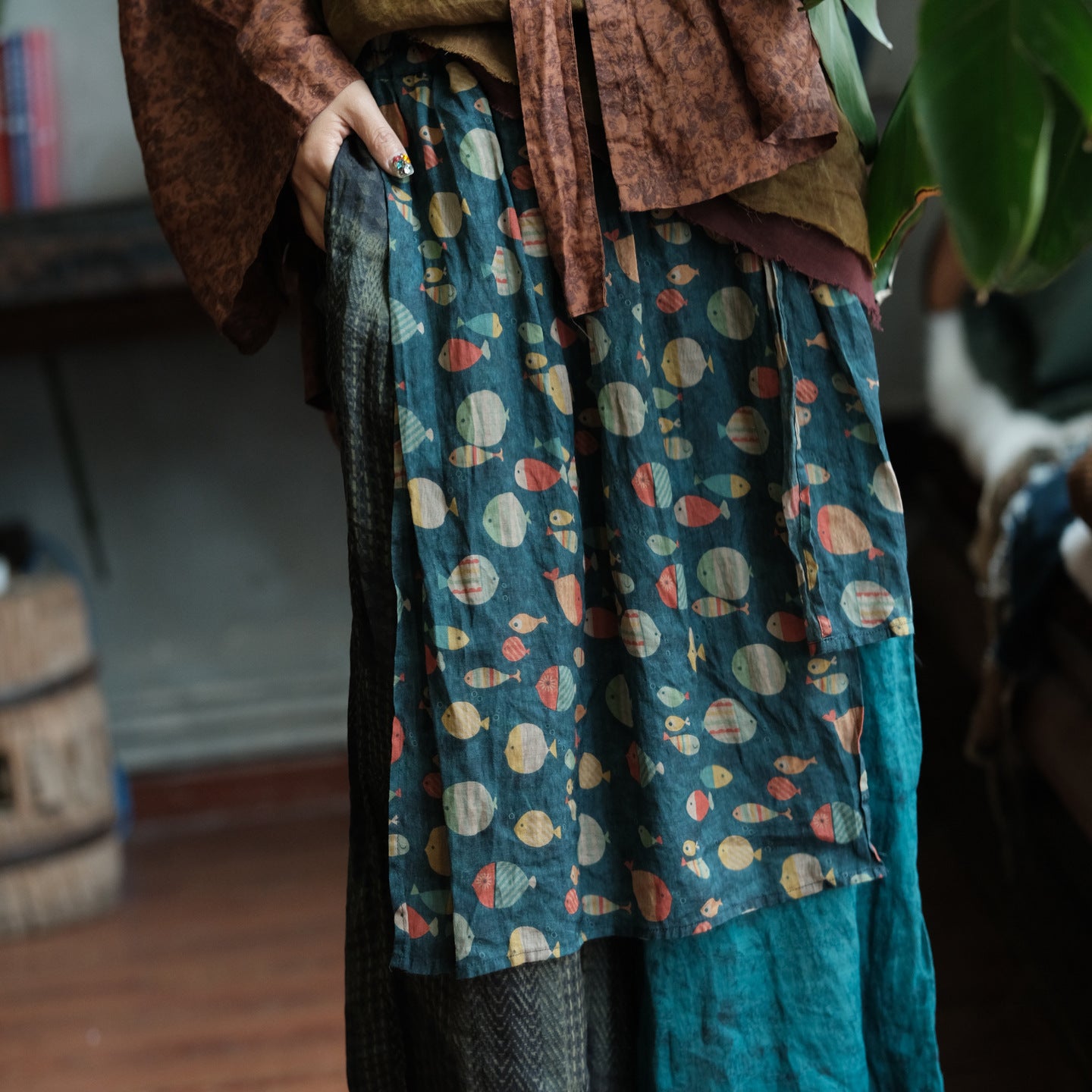 Vintage Fish Print Ramie Wide Leg Pants
