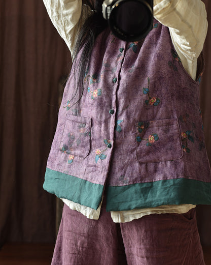 Gilet en lin patchwork à fleurs vintage