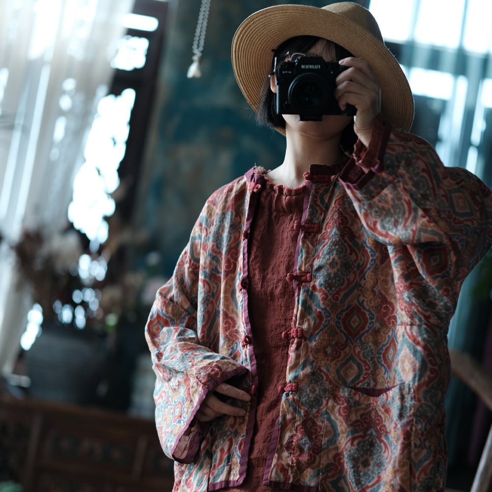 Veste vintage en lin à motifs ethniques