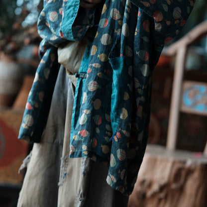 Indigo Fish Print Ramie Kimono