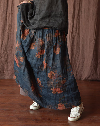 Vintage Bloom Floral Linen Skirt — elastic waist detail, fits XS to XXL