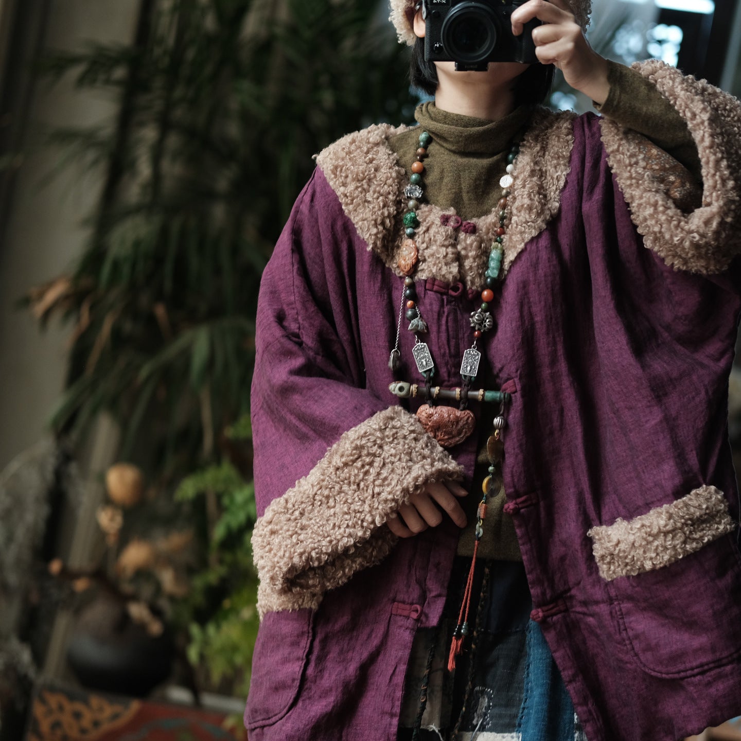 Vintage Padded Cotton Linen Jacket – Faux Fur Trim, Oversized Buttoned Coat