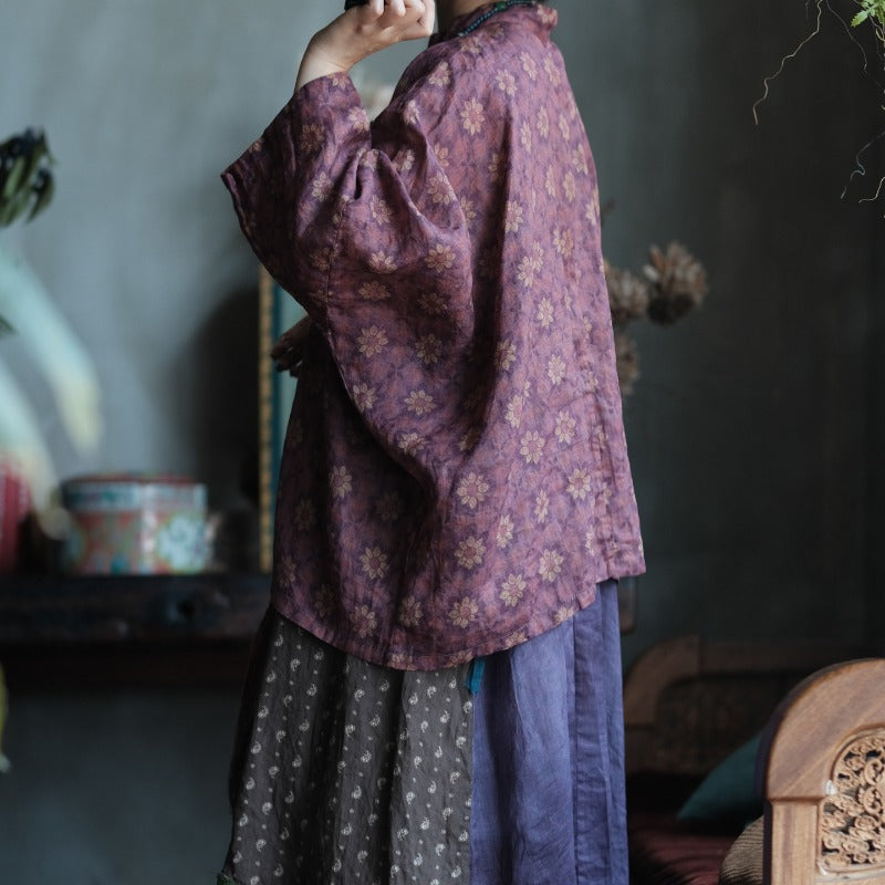Vintage Floral Ramie Batwing Blouse