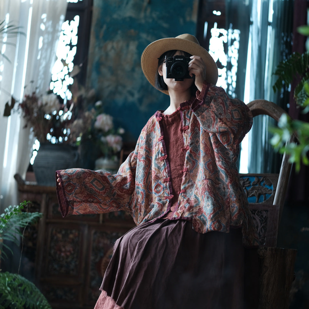 Veste vintage en lin à motifs ethniques