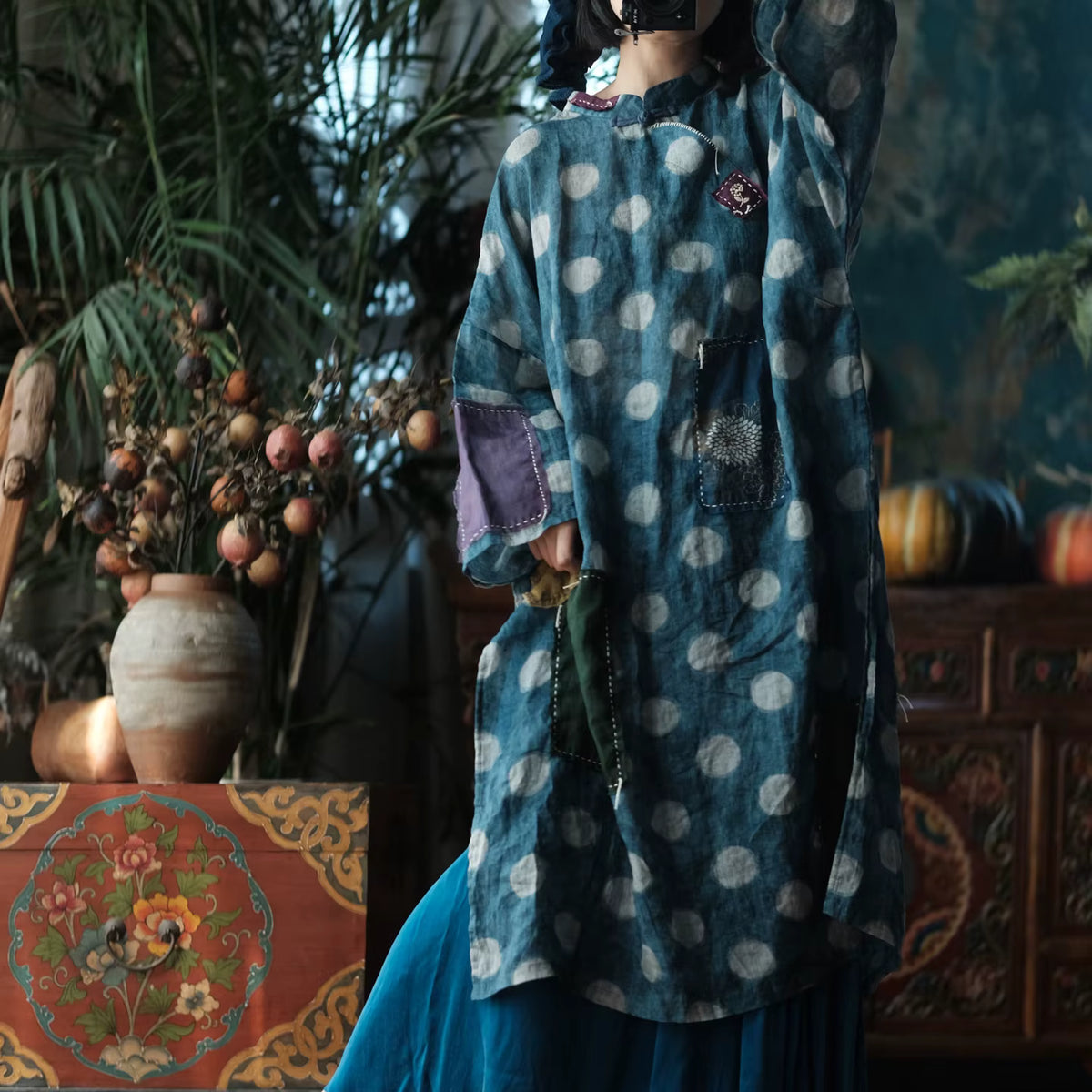 Sora Vintage Blue Dot Ramie Dress