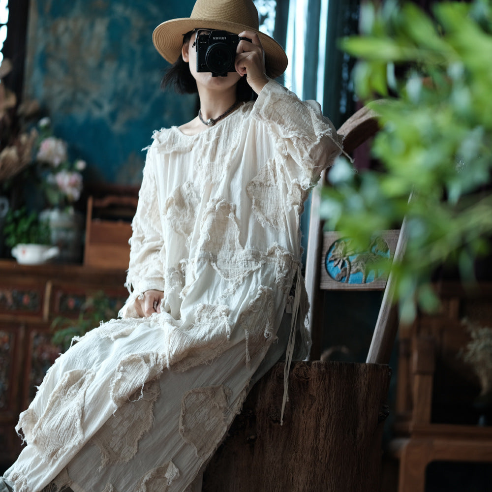 Robe tunique patchwork écrue