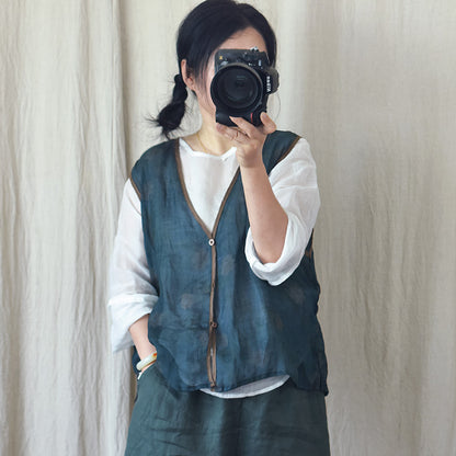 Gilet col en V en ramie florale