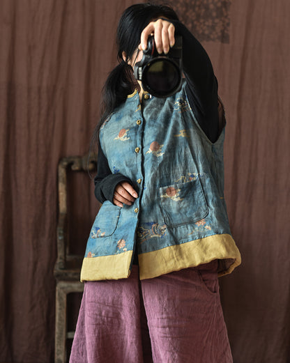 Gilet en lin patchwork à fleurs vintage