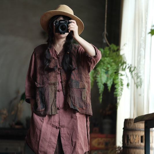 Gilet bohème en lin à poches