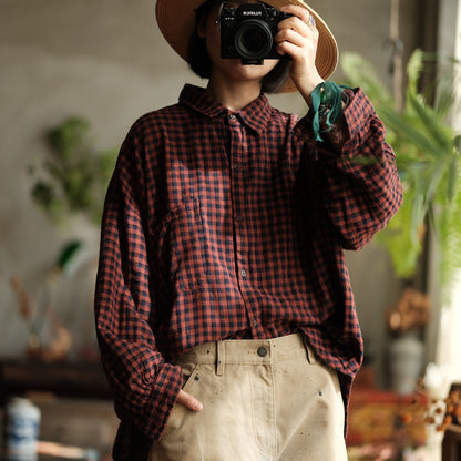 Vintage Plaid Linen Shirt - Oversized Boho Style