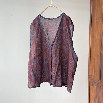 Gilet col en V en ramie florale