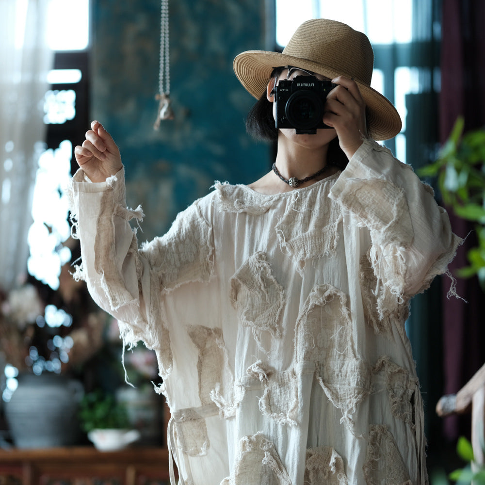 Robe tunique patchwork écrue