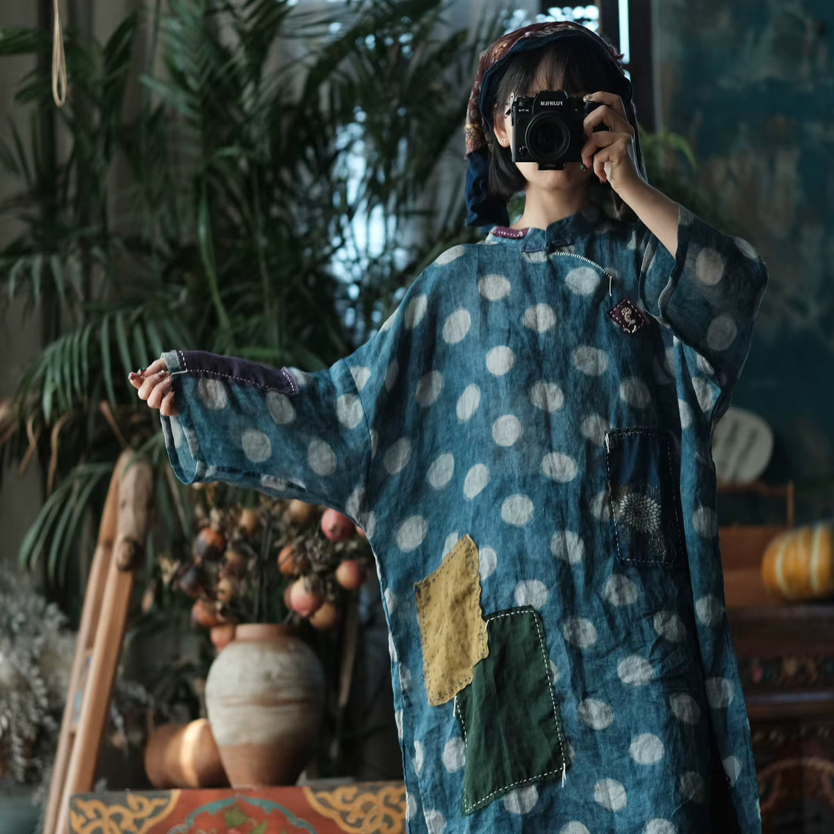 Sora Vintage Blue Dot Ramie Dress