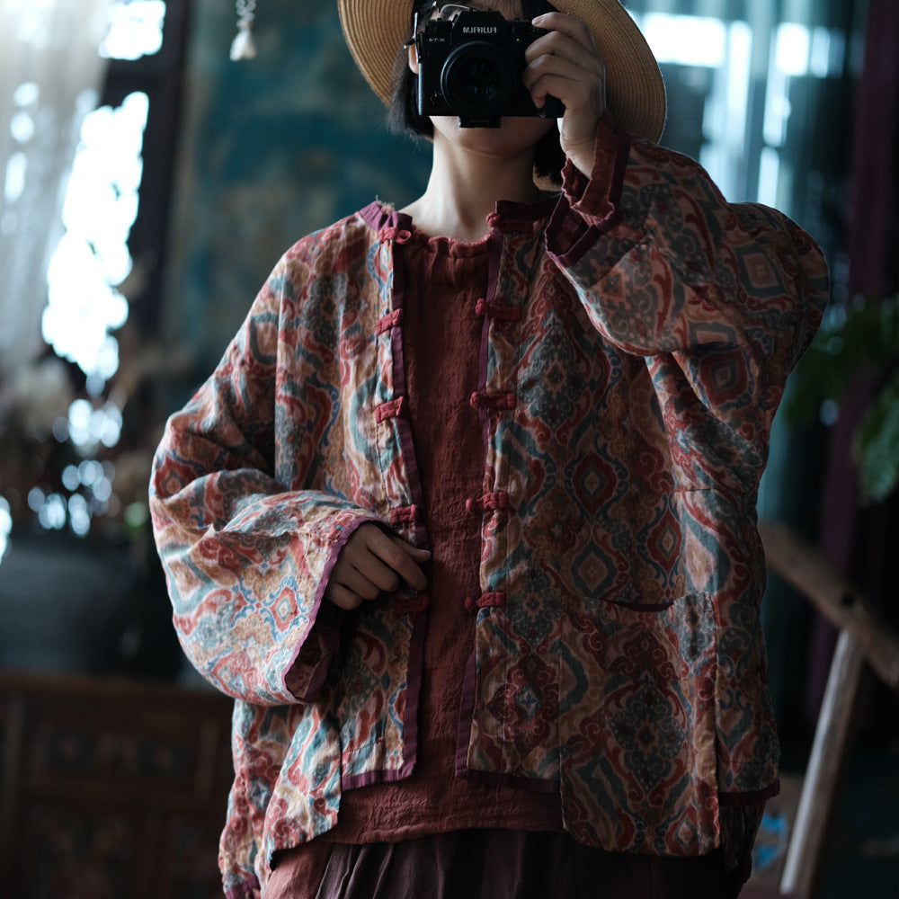 Veste vintage en lin à motifs ethniques