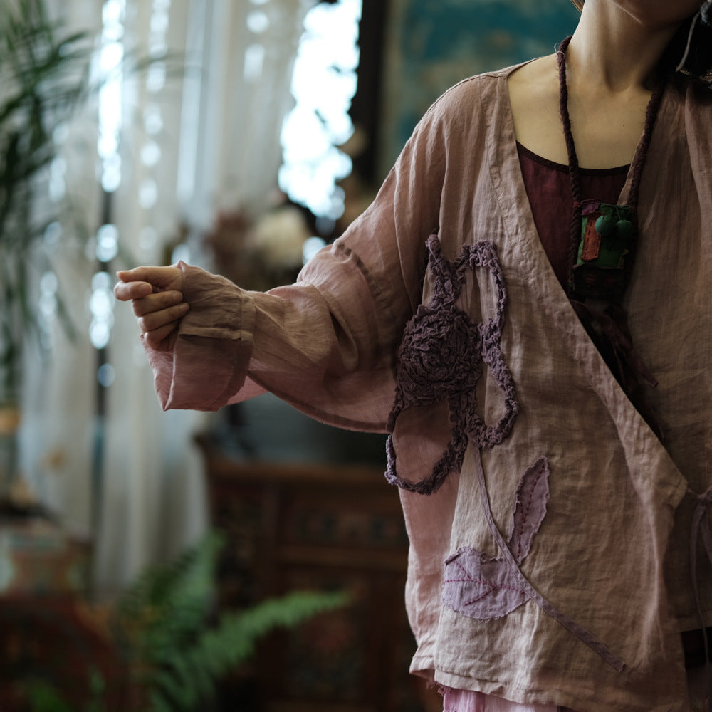 Vintage Floral Ramie Blouse — relaxed one-size silhouette, side view