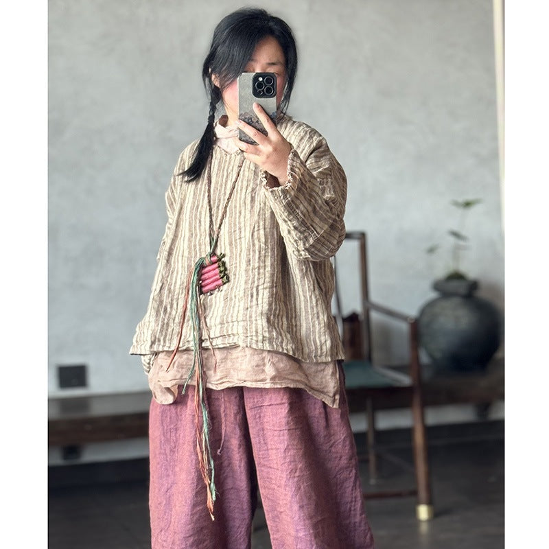Vintage Striped Linen-Blend Blouse | Relaxed V-Neck Top