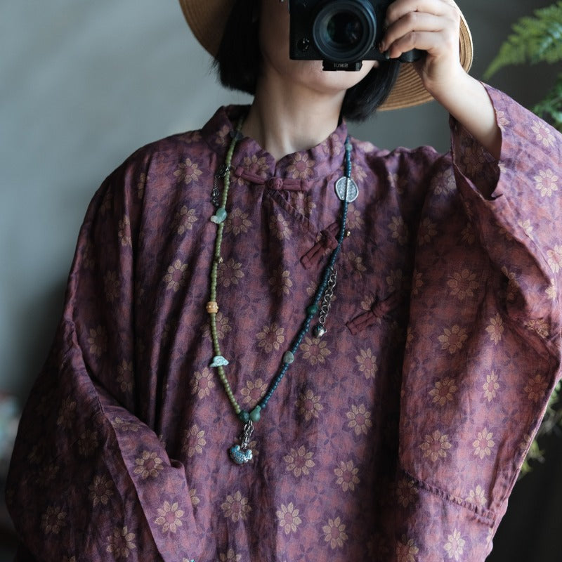 Vintage Floral Ramie Batwing Blouse