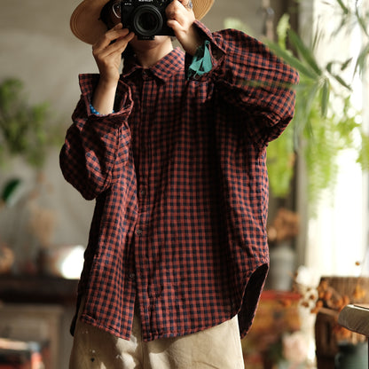 Vintage Plaid Linen Shirt - Oversized Boho Style